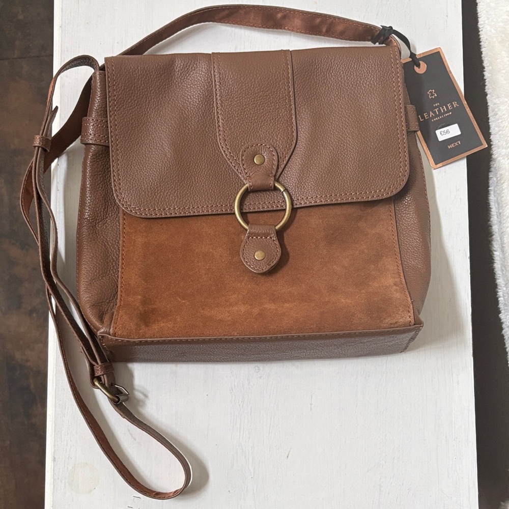 Genuine Leather & Suede Crossbody satchel Bag with Ring Detail closure - Picture 1 of 6